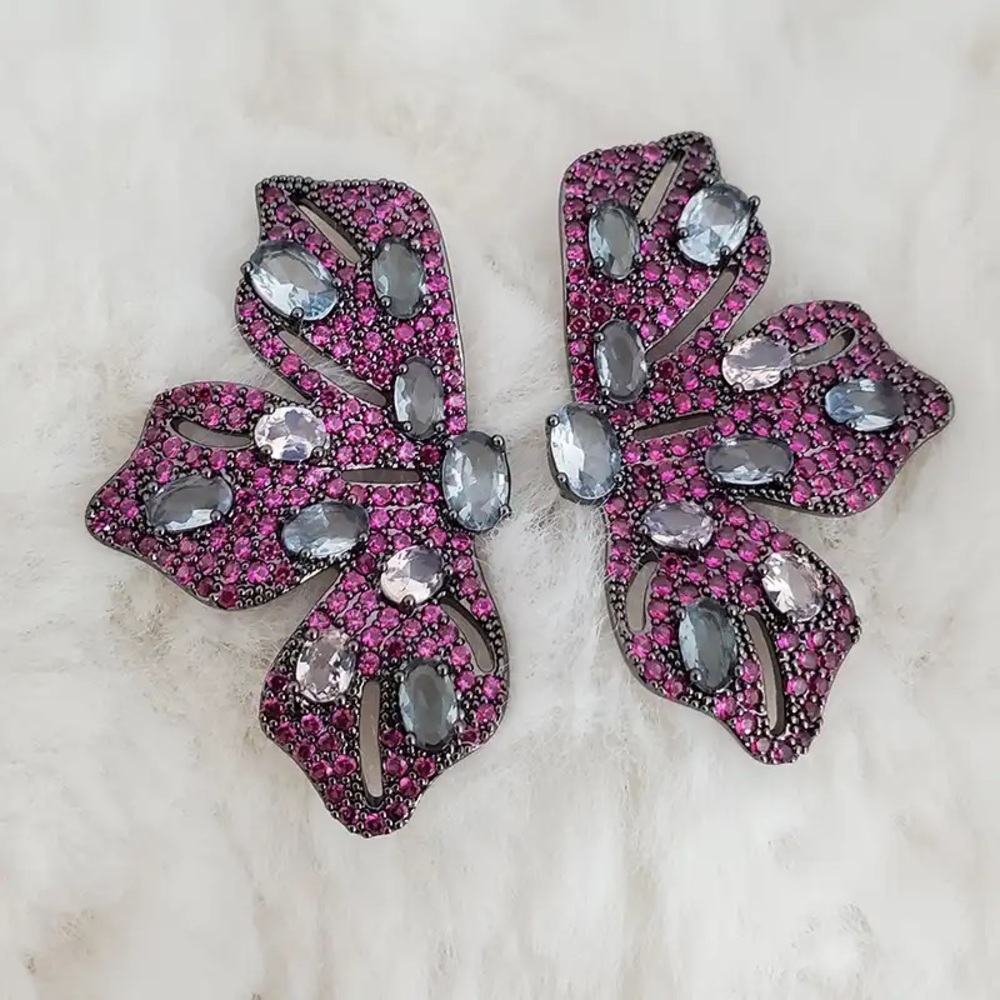 Pink CZ Petal Statement Gunmetal Earrings